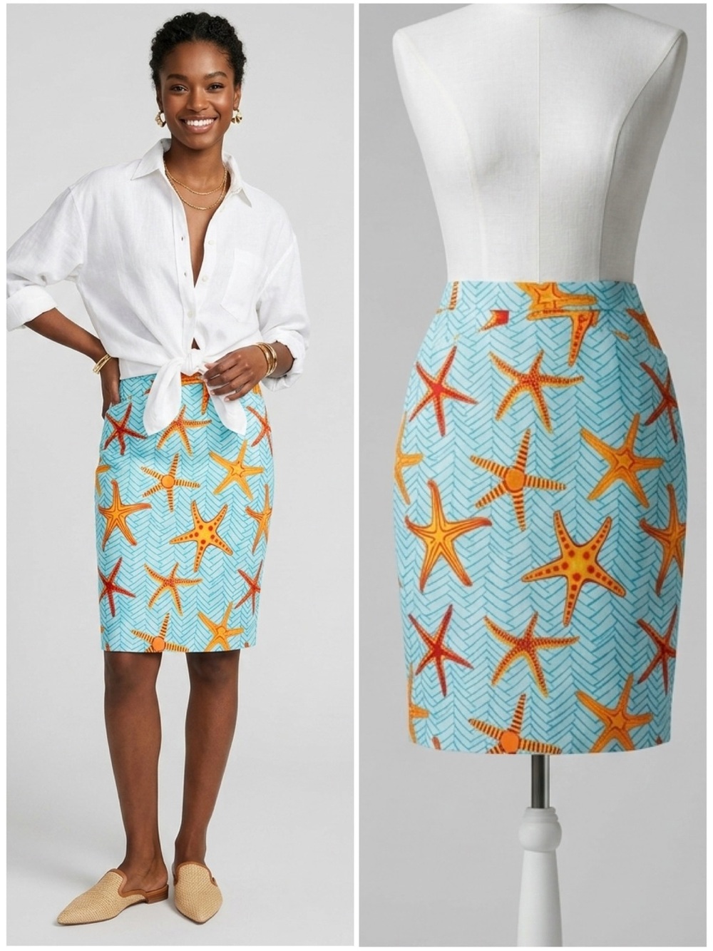Manuel Canovas Starfish Print Cotton Blend Pencil Skirt With Pockets US Size 6/8